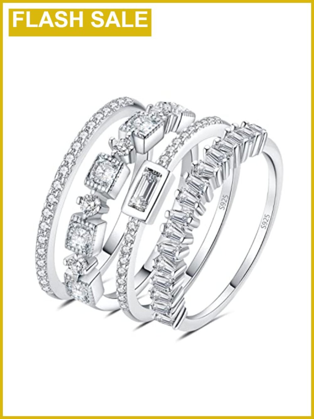 Princess Emerald Cut CZ Stackable Wedding Ring Set 925 Sterling Silver 14k Gold